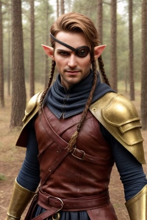 score_7_up, Realistic full photo, (full body), male elf, elven features, 40 yers old male elf, ((facial stubble)), toned, perfect eyes, sunkissed skin, ((eyepatch covering her right eye)), brown and red hair tied back with braids, discret smile, dynamic, wearing brown and golden leather armor, background forest, holding a elfic knife, highly detailed, pose, photorealistic, sharp focus, Fantasy, eyepatch, Masterpiece
