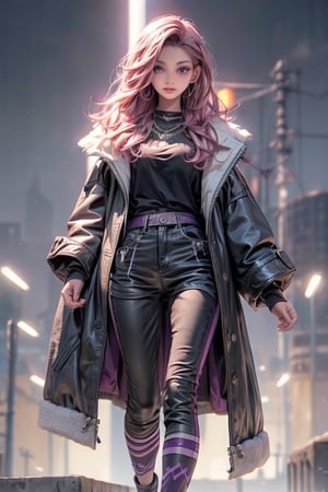 score_7_up, Realistic full photo, full body, Black haired woman, pink hair tones, purple hair tones, long hair, 18 years old, beautiful, makeup, elegant, neckless, earing, backgroud night city with lights, wearing a black and purple gymnastic suit, black leather overcoat, sunglasses, ((levitating above ground)), pose, photorealistic,Tzuyu