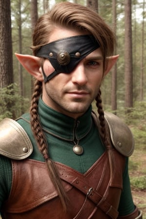 score_7_up, Realistic full photo, (full body), male elf, elven features, 40 yers old male elf, ((facial stubble)), toned, perfect eyes, green eyes, sunkissed skin, ((eyepatch covering her right eye)), brown and red hair tied back with braids, discret smile, dynamic, wearing brown and grey leather armor, background forest, holding a elfic knife, highly detailed, pose, photorealistic, sharp focus, Fantasy, eyepatch, Masterpiece