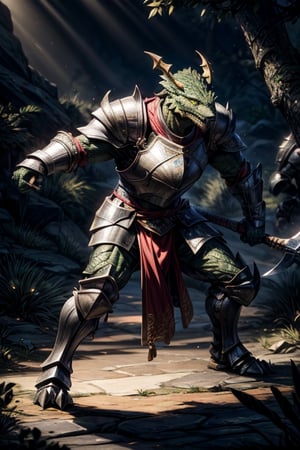 best quality,HQ,8K,masterpiece,heavily muscled, (green-scaled dragonborn), (intense green scaled), seven feet tall, (heavy armor, steel plate armor), (holding a two-handed battle axe), background battle ground, sunlight, fighting_stance, fighting, fantasy, green scales, daylight scene, midday, whole body, sharp focus, studio photo, intricate details, highly detailed, realistic, cinematic lighting, perfect head, perfect hands
