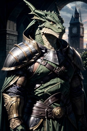 best quality,HQ,8K,masterpiece,heavily muscled, (green-scaled dragonborn), (intense green scaled), seven feet tall, (heavy armor, steel plate armor), (holding a cerimonial halbard), background interior os fantasy castle, standing in guard, fantasy, grey cloak, green scales, daylight scene, whole body, sharp focus, studio photo, intricate details, highly detailed, realistic, cinematic lighting, perfect head, perfect hands
