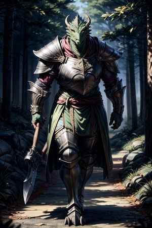 best quality,HQ,8K,masterpiece,heavily muscled, (green-scaled dragonborn), (intense green scaled), seven feet tall, (heavy armor, steel plate armor), (holding a two-handed battle axe), background forest road, walking, fantasy, grey cloak, green scales, daylight scene, whole body, sharp focus, studio photo, intricate details, highly detailed, realistic, cinematic lighting, perfect head, perfect hands
