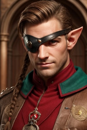 score_7_up, Realistic full photo, (full body), male elf, elven features, 40 yers old male elf, ((facial stubble)), toned, perfect eyes, sunkissed skin, ((eyepatch covering her left eye)), brown and red hair tied back with braids, discret smile, dynamic, wearing golden and red noble outfit, background castle hall, highly detailed, pose, photorealistic, sharp focus, Fantasy, eyepatch, Masterpiece