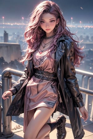 score_7_up, Realistic full photo, full body, ((Black haired woman)), pink hair tones, purple hair tones, long hair, fluttering hair, in full growthin beautiful young 18 years old, beautiful, makeup, elegant, neckless, earing, ((backgroud city sky with lights)), wearing a hero style suit, black leather overcoat, flying, ((levitating above ground)), pose, photorealistic,Tzuyu, detailed face, whole body,  sharp focus, studio photo