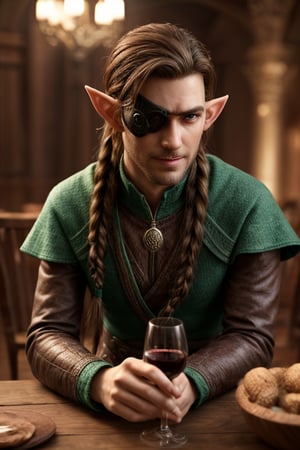 score_7_up, Realistic full photo, ((full body)), slender body, male elf, elven features, 40 yers old male elf, ((facial stubble)), toned, perfect eyes, green eyes, sunkissed skin, ((eyepatch covering her right eye)), brown and red hair tied back with braids, discret smile, dynamic, wearing blue noble outfit, fantasy castle interior, drinking wine, sitting in front a table, highly detailed, pose, photorealistic, sharp focus, Fantasy, eyepatch, Masterpiece