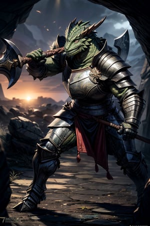 best quality,HQ,8K,masterpiece,heavily muscled, (green-scaled dragonborn), (intense green scaled), seven feet tall, (heavy armor, steel plate armor), (holding a two-handed battle axe), background battle ground, sunlight, battle_stance, fighting, fantasy, green scales, daylight scene, whole body, sharp focus, studio photo, intricate details, highly detailed, realistic, cinematic lighting, perfect head, perfect hands
