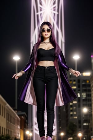 score_7_up, Realistic full photo, full body, Black haired woman, pink hair tones, purple hair tones, long hair, 18 years old, beautiful, makeup, elegant, neckless, earing, backgroud night city with lights, superhero outfit, sunglasses, levitating, ((levitating above ground)), pose, photorealistic,Tzuyu, 