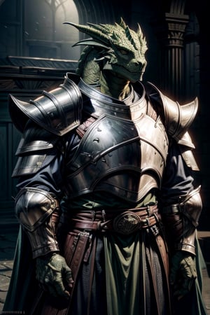 best quality,HQ,8K,masterpiece,heavily muscled, (green-scaled dragonborn), (intense green scaled), seven feet tall, (heavy armor, steel plate armor), (holding a cerimonial halbard), background interior os fantasy castle, standing in guard, fantasy, grey cloak, green scales, daylight scene, whole body, sharp focus, studio photo, intricate details, highly detailed, realistic, cinematic lighting, perfect head, perfect hands
