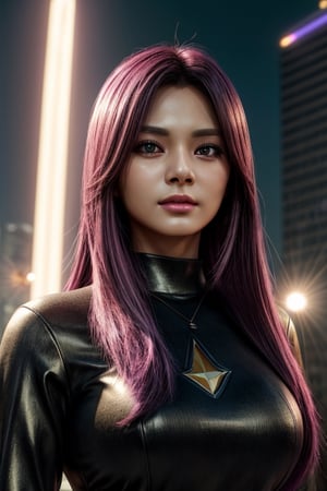 score_7_up, Realistic full photo, ((full body)), Black haired woman, ((pink hair tones)), ((purple hair tones)), long hair, fluttering hair, in full growthin beautiful young 18 years old, beautiful, makeup, elegant, neckless, earing, backgroud night city with lights, wearing a superhero suit, sunglasses, ((levitating above ground)), pose, photorealistic,Tzuyu, pose, photorealistic,Tzuyu, detailed face, whole body, trending on artstation, sharp focus, studio photo, intricate details, highly detailed, more detail XL, hyper detailed, realistic, oil painting,, cinematic lighting, detailed face, whole body, photo of perfecteyes eyes, sexy pose), masterpiece, UHD, realism, realistic, depth of field, wide view, raytraced, full length body, mystical, luminous, high resolution, sharp details, translucent, beautiful