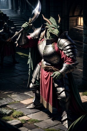 best quality,HQ,8K,masterpiece,heavily muscled, (green-scaled dragonborn), (intense green scaled), seven feet tall, (heavy armor, steel plate armor), (holding a two-handed battle axe), fantasy, grey cloak, green scales, background castle hall, daylight scene, whole body, sharp focus, studio photo, intricate details, highly detailed, realistic, cinematic lighting, perfect head, perfect hands
