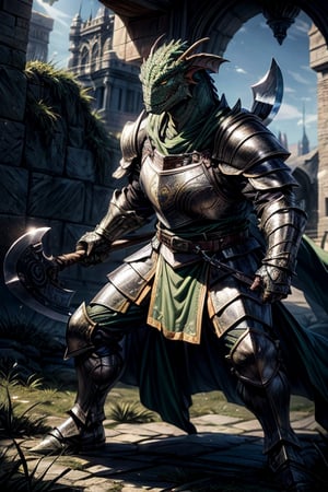 best quality,HQ,8K,masterpiece,heavily muscled, (green-scaled dragonborn), (intense green scaled), seven feet tall, (heavy armor, steel plate armor), (holding a two-handed battle axe), background fantasy castle exterior, green grass, sunlight, fighting_stance, fantasy, grey cloak, green scales, daylight scene, whole body, sharp focus, studio photo, intricate details, highly detailed, realistic, cinematic lighting, perfect head, perfect hands

