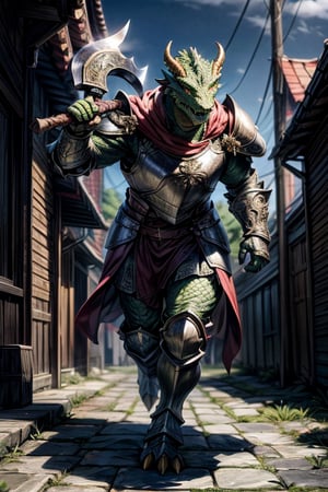 best quality,HQ,8K,masterpiece,heavily muscled, (green-scaled dragonborn), (intense green scaled), seven feet tall, (heavy armor, steel plate armor), (holding a ornate axe), background medieval city street, running, fantasy, grey cloak, green scales, daylight scene, whole body, sharp focus, studio photo, intricate details, highly detailed, realistic, cinematic lighting, perfect head, perfect hands
