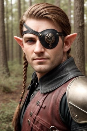score_7_up, Realistic full photo, (full body), male elf, elven features, 40 yers old male elf, ((facial stubble)), toned, perfect eyes, green eyes, sunkissed skin, ((eyepatch covering her right eye)), brown and red hair tied back with braids, discret smile, dynamic, wearing brown and grey leather armor, background forest, holding a elfic knife, highly detailed, pose, photorealistic, sharp focus, Fantasy, eyepatch, Masterpiece