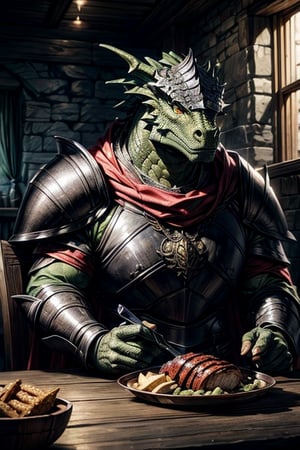 best quality,HQ,8K,masterpiece,heavily muscled, (green-scaled dragonborn), (intense green scaled), seven feet tall, (heavy armor, steel plate armor), background medieval tavern, sit in a chair, eating a turkey leg, fantasy, grey cloak, green scales, daylight scene, whole body, sharp focus, studio photo, intricate details, highly detailed, realistic, cinematic lighting, perfect head, perfect hands
