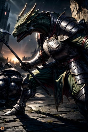 best quality,HQ,8K,masterpiece,heavily muscled, (green-scaled dragonborn), (intense green scaled), seven feet tall, (heavy armor, steel plate armor), (holding a two-handed battle axe), background fantasy castle exterior, sunlight, fighting_stance, fighting, fantasy, grey cloak, green scales, daylight scene, whole body, sharp focus, studio photo, intricate details, highly detailed, realistic, cinematic lighting, perfect head, perfect hands
