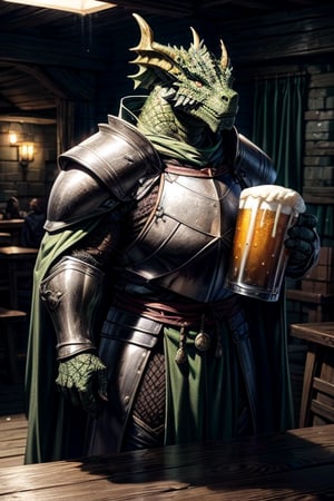 best quality,HQ,8K,masterpiece,heavily muscled, (green-scaled dragonborn), (intense green scaled), seven feet tall, (heavy armor, steel plate armor), background medieval tavern, holding a beer cag, fantasy, grey cloak, green scales, daylight scene, whole body, sharp focus, studio photo, intricate details, highly detailed, realistic, cinematic lighting, perfect head, perfect hands
