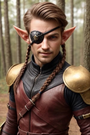 score_7_up, Realistic full photo, (full body), male elf, elven features, 40 yers old male elf, ((facial stubble)), toned, perfect eyes, sunkissed skin, ((eyepatch covering her right eye)), brown and red hair tied back with braids, discret smile, dynamic, wearing brown and golden leather armor, background forest, holding a rapier, highly detailed, pose, photorealistic, sharp focus, Fantasy, eyepatch, Masterpiece