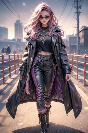 score_7_up, Realistic full photo, full body, Black haired woman, pink hair tones, purple hair tones, long hair, 18 years old, beautiful, makeup, elegant, neckless, earing, backgroud night city with lights, wearing a black and purple gymnastic suit, black leather overcoat, sunglasses, ((levitating above ground)), pose, photorealistic,Tzuyu