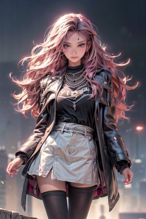 score_7_up, Realistic full photo, full body, ((Black haired woman)), pink hair tones, purple hair tones, long hair, fluttering hair, in full growthin beautiful young 18 years old, beautiful, makeup, elegant, neckless, earing, ((backgroud city sky with lights)), wearing a hero style suit, black leather overcoat, flying, ((levitating above ground)), pose, photorealistic,Tzuyu, detailed face, whole body,  sharp focus, studio photo