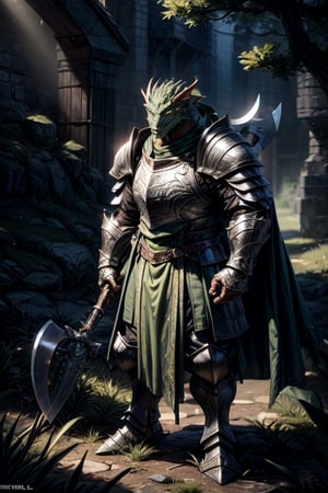 best quality,HQ,8K,masterpiece,heavily muscled, (green-scaled dragonborn), (intense green scaled), seven feet tall, (heavy armor, steel plate armor), (holding a two-handed battle axe), background fantasy castle exterior, grass, sunlight, standing in guard, fantasy, grey cloak, green scales, daylight scene, whole body, sharp focus, studio photo, intricate details, highly detailed, realistic, cinematic lighting, perfect head, perfect hands
