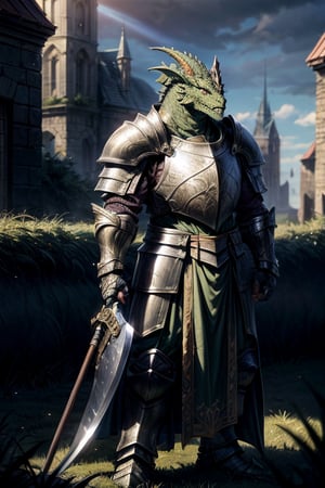 best quality,HQ,8K,masterpiece,heavily muscled, (green-scaled dragonborn), (intense green scaled), seven feet tall, (heavy armor, steel plate armor), (holding a two-handed battle axe), background fantasy castle exterior, grass, sunlight, standing in guard, fantasy, grey cloak, green scales, daylight scene, whole body, sharp focus, studio photo, intricate details, highly detailed, realistic, cinematic lighting, perfect head, perfect hands
