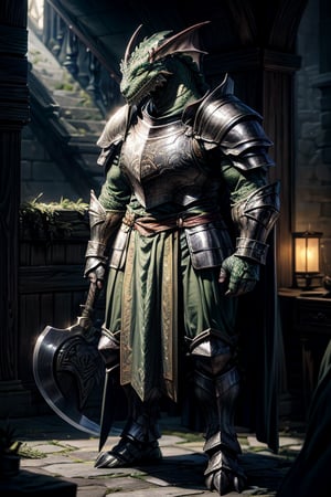 best quality,HQ,8K,masterpiece,heavily muscled, (green-scaled dragonborn), (intense green scaled), seven feet tall, (heavy armor, steel plate armor), (holding a two-handed battle axe), background interior os fantasy castle, standing in guard, fantasy, grey cloak, green scales, daylight scene, whole body, sharp focus, studio photo, intricate details, highly detailed, realistic, cinematic lighting, perfect head, perfect hands

