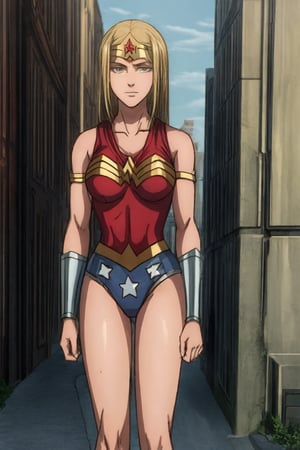 1 girl, alone, a city, on the street, masterpiece, very detailed, blonde, long hair Lora de Ymir, soft smile, wearing, the costume, wonder woman,wonder2, big breasts, 