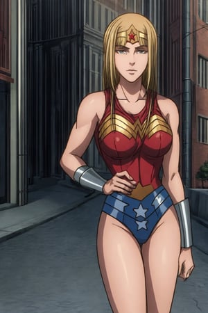 1 girl, alone, a city, on the street, masterpiece, very detailed, blonde, long hair Lora de Ymir, soft smile, wearing, the costume, wonder woman,wonder2, big breasts, 