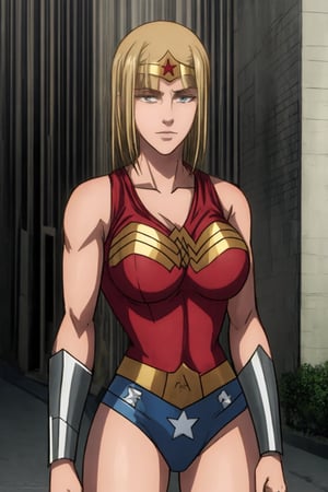 1 girl, alone, a city, on the street, masterpiece, very detailed, blonde, long hair Lora de Ymir, soft smile, wearing, the costume, wonder woman,wonder2, big breasts, 