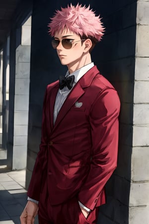 yuji itadori, alone, 1 boy, pink hair, short hair shaved on the sides, wearing 1 elegant pink suit, muscular, with sunglasses, ,itadori yuuji,spiked hair,short hair,undercut,facial mark,Germany Male,brown eyes