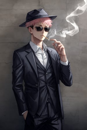 yuji itadori, alone, 1 boy, pink hair, short hair shaved on the sides, wearing 1 elegant suit, muscular, wearing sunglasses, yuuji itadori, spiky hair, short hair, undercut, facial marking, Germany Male, eyes brown boater hat, with a cigarette in his mouth, while lighting it with a lighter 