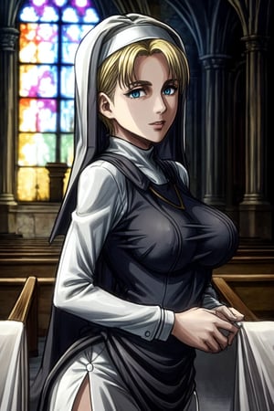 masterpiece, very detailed, nanaba, 1 girl, in a church, dressed as a nun, large breasts, short blonde hair shaved on the sides, mature woman, dressed as a nun, dressed in white or black, blue eyes, Def versia*,