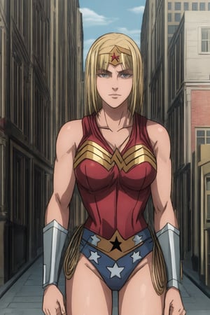1 girl, alone, a city, on the street, masterpiece, very detailed, blonde, long hair Lora de Ymir, soft smile, wearing, the costume, wonder woman,wonder2, big breasts, 