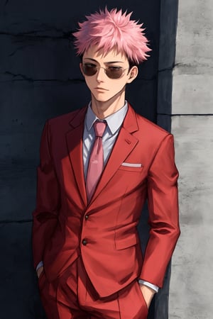 yuji itadori, alone, 1 boy, pink hair, short hair shaved on the sides, wearing 1 elegant pink suit, muscular, with sunglasses, ,itadori yuuji,spiked hair,short hair,undercut,facial mark,Germany Male,brown eyes, with hat 