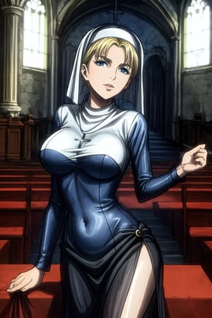 masterpiece, very detailed, nanaba, 1 girl, in a church, dressed as a nun, large breasts, short blonde hair shaved on the sides, mature woman, dressed as a black or white nun, blue eyes, Def versia*