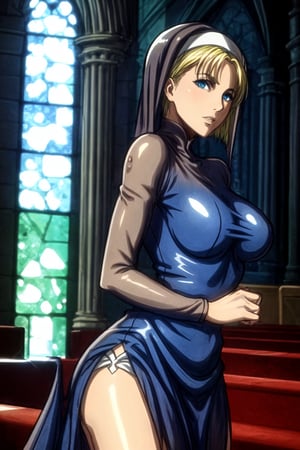 masterpiece, highly detailed, nanaba, 1 girl, in a church, wearing a nun's outfit, large breasts, blonde short hair shaved at the sides, mature woman, wearing a nun's dres, blue eyes, ,Def versia*