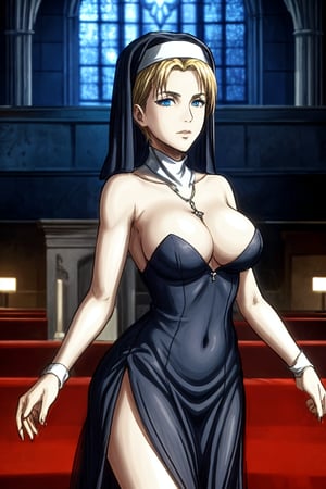 masterpiece, highly detailed, nanaba, 1 girl, in a church, wearing a nun's outfit, large breasts, blonde short hair shaved at the sides, mature woman, wearing a nun's dres, blue eyes, ,Def versia* 