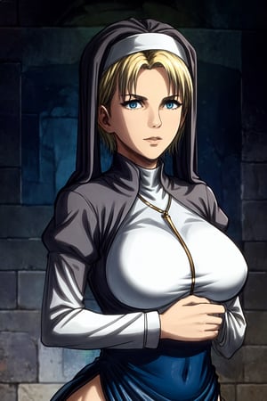 masterpiece, highly detailed, nanaba, 1 girl, wearing a nun's outfit, adomen, large breasts, blonde short hair shaved at the sides, mature woman, wearing a nun's dress, Def versia, blue eyes, 