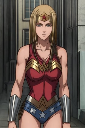 1 girl, alone, a city, on the street, masterpiece, very detailed, blonde, long hair Lora de Ymir, soft smile, wearing, the costume, wonder woman,wonder2, big breasts, 