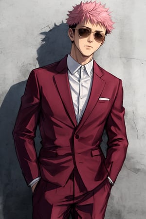 yuji itadori, alone, 1 boy, pink hair, short hair shaved on the sides, wearing 1 elegant pink suit, muscular, with sunglasses, ,itadori yuuji,spiked hair,short hair,undercut,facial mark,Germany Male,brown eyes, 