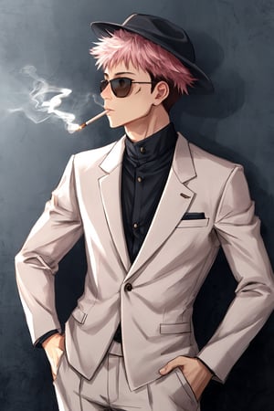 yuji itadori, alone, 1 boy, pink hair, short hair shaved on the sides, wearing 1 elegant suit, muscular, wearing sunglasses, yuuji itadori, spiky hair, short hair, undercut, facial marking, Germany Male, eyes brown boater hat, with a cigarette in his mouth, while lighting it with a lighter 