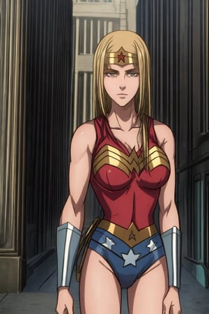 1 girl, alone, a city, on the street, masterpiece, very detailed, blonde, long hair Lora de Ymir, soft smile, wearing, the costume, wonder woman,wonder2, big breasts, 