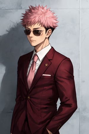 yuji itadori, alone, 1 boy, pink hair, short hair shaved on the sides, wearing 1 elegant pink suit, muscular, with sunglasses, ,itadori yuuji,spiked hair,short hair,undercut,facial mark