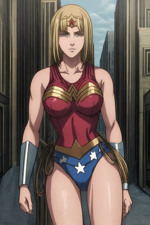 1 girl, alone, a city, on the street, masterpiece, very detailed, blonde, long hair Lora de Ymir, soft smile, wearing, the costume, wonder woman,wonder2, big breasts, 