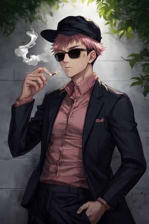 yuji itadori, alone, 1 boy, pink hair, short hair shaved on the sides, wearing 1 elegant suit, muscular, wearing sunglasses, yuuji itadori, spiky hair, short hair, undercut, facial marking, Germany Male, eyes brown boater hat, with a cigarette in his mouth, while lighting it with a lighter 