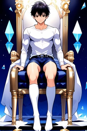 boy, black hair, brown eyes, white long-sleeved shirt, dark blue jean shorts, wearing short white stockings, slim muscles, sitting on a throne made of diamond with legs crossed, anime
