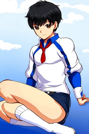 boy, black hair, brown eyes, long-sleeved white shirt, dark blue jean shorts, with short white stockings, with a little muscle, anime