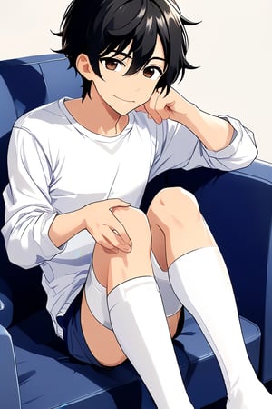 boy, black hair, brown eyes, white long sleeve shirt, dark blue jean shorts, wearing short white stockings, slim muscles, anime