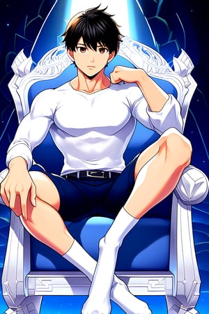 boy, black hair, brown eyes, white long-sleeved shirt, dark blue jean shorts, wearing short white stockings, with a little muscle, sitting on a diamond throne, anime