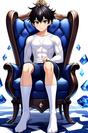 boy, black hair, brown eyes, white long-sleeved shirt, dark blue jean shorts, wearing short white stockings, slim muscles, sitting on a throne made of diamond, anime